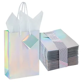 20-Pack Small Metallic Gift Bags with Handles, 5.5x2.5x7.9-Inch Paper Bags with Foil Coating, White Tissue Paper Sheets, and Tags for Small Business (Holographic)