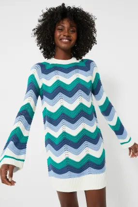 Aqua Wavy Bell Sleeve Beatriz Mini Dress