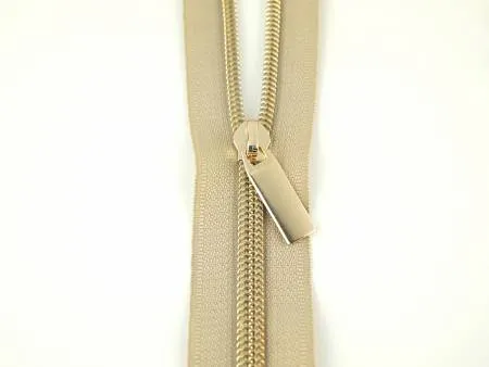 Beige #5 Nylon Gold Coil Zippers: 3 Yards With 9 Pulls - Sallie Tomato