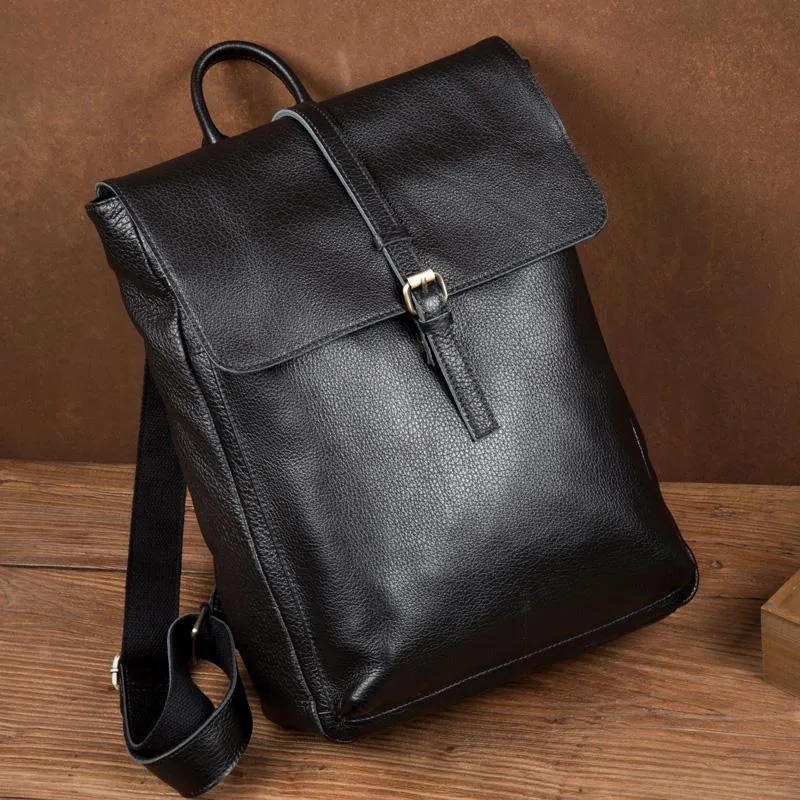 Black Fashion Mens Leather 15-inch Computer Backpacks Cool Satchel Backpacks School Backpacks for men