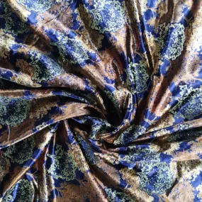 Blue & Brown With Sparkel Traditional Printed Velvet Fabric