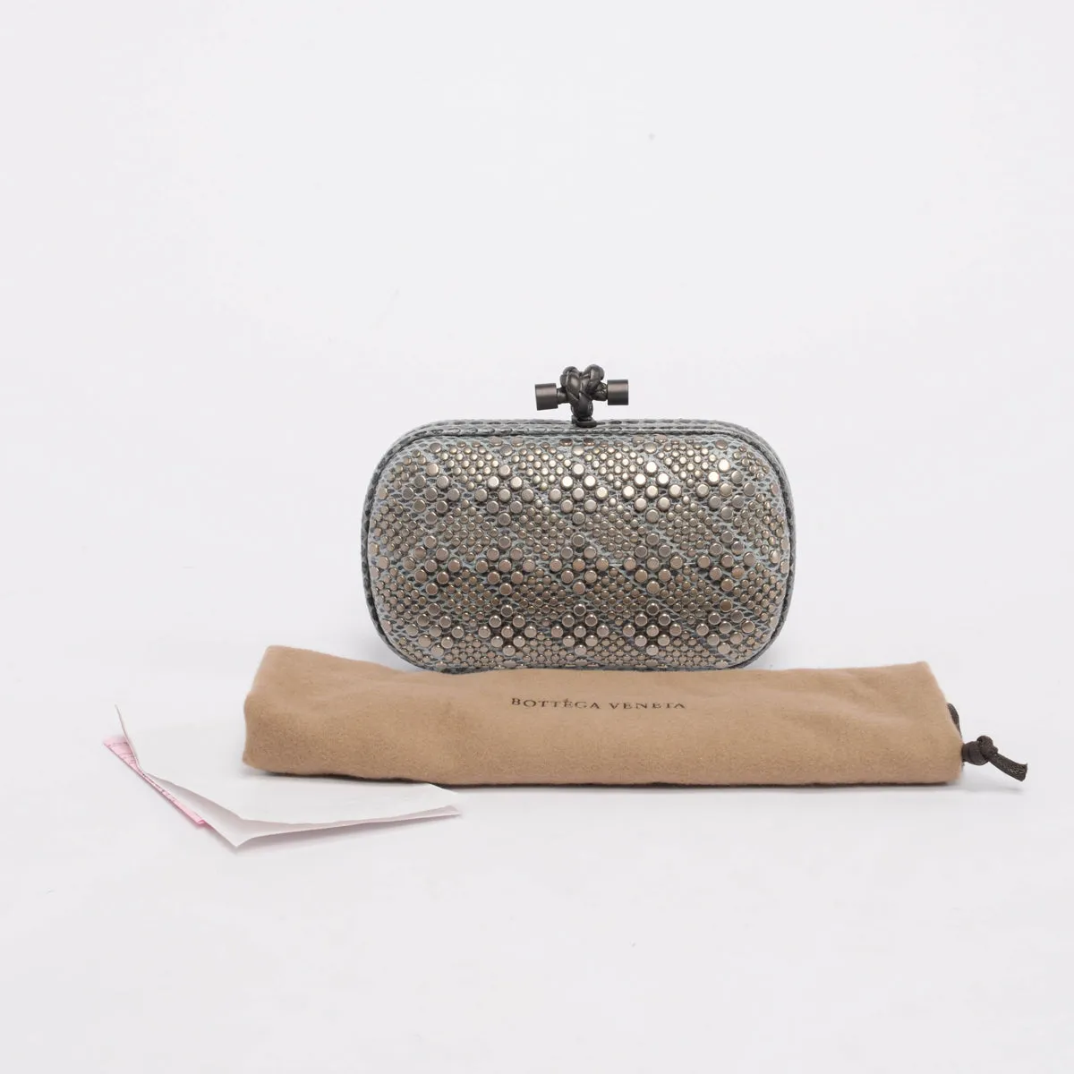 Bottega Veneta Blue Grey Karung & Metal Studded Knot Clutch