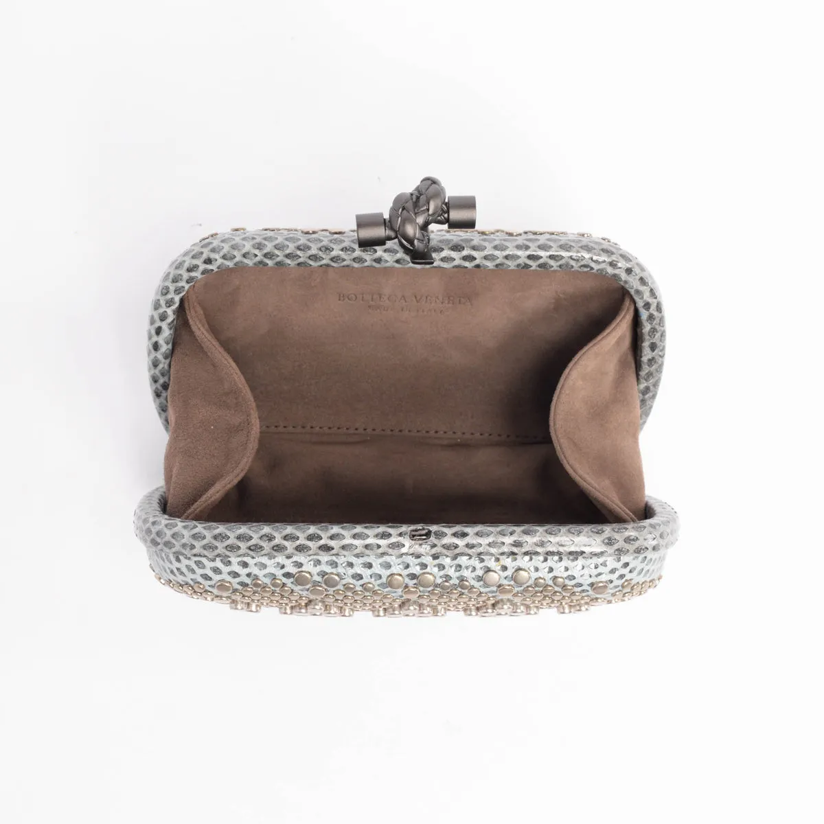 Bottega Veneta Blue Grey Karung & Metal Studded Knot Clutch