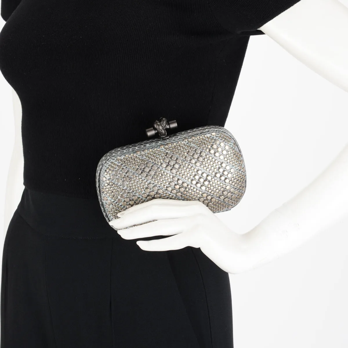 Bottega Veneta Blue Grey Karung & Metal Studded Knot Clutch