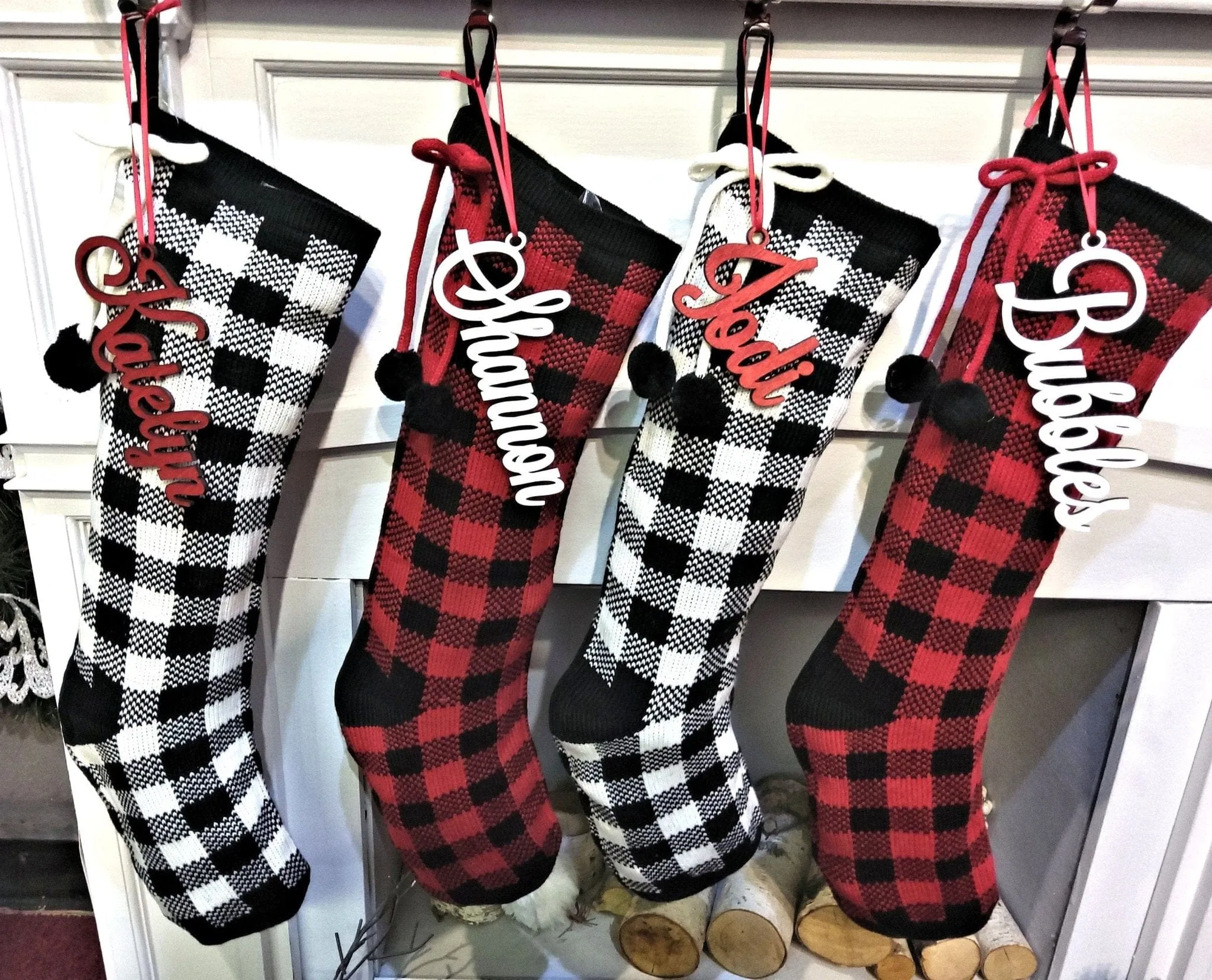 Classy Knit Buffalo Check Plaid Red Black White Farmhouse Adult Personalized Christmas Stockings Family Xmas Knit Decor