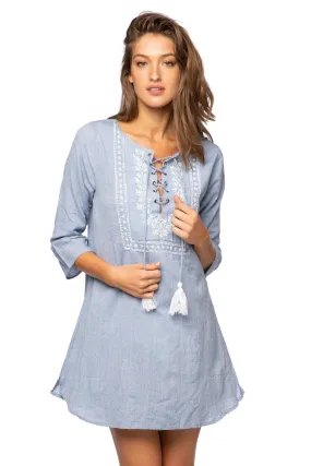 Embroidery Stitched Lace Up Chambray Sundress