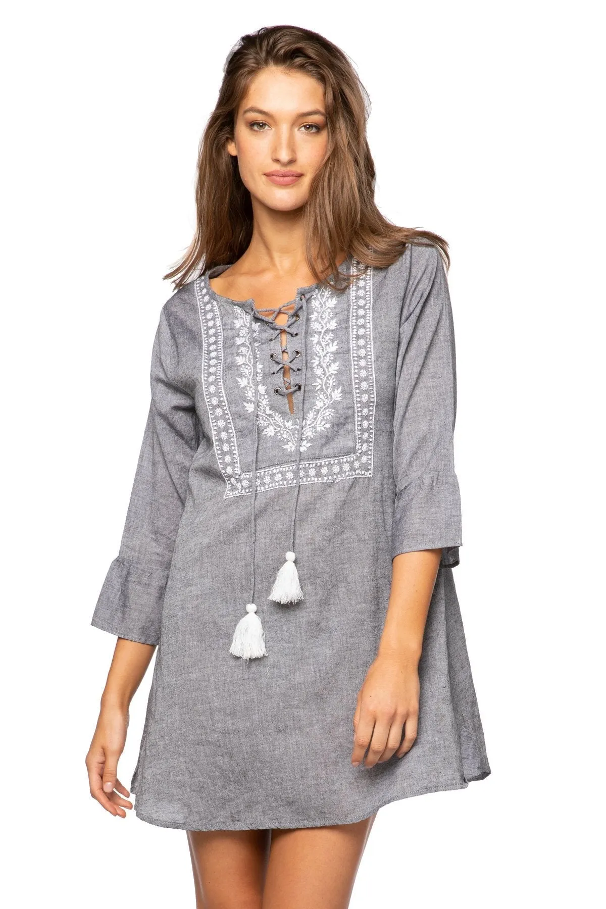 Embroidery Stitched Lace Up Chambray Sundress