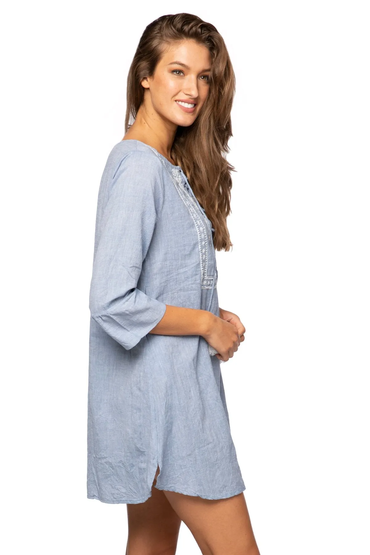 Embroidery Stitched Lace Up Chambray Sundress