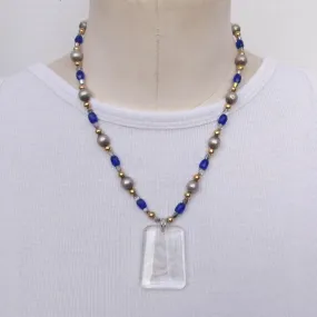 Etched Crystal Dragon Pendant Necklace with Royal Blue and Mixed Metals Beads