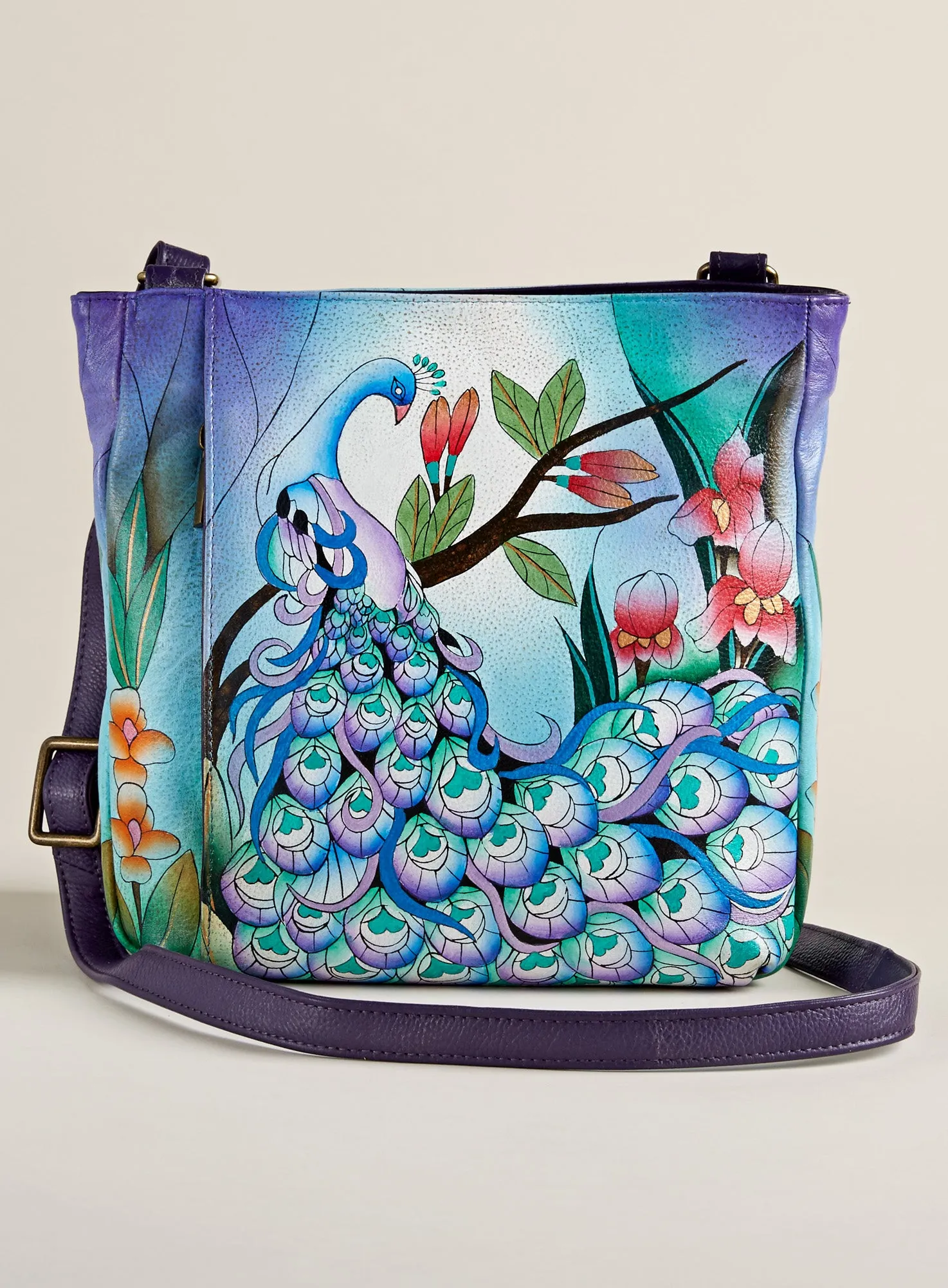 Hand-painted Purple Peacock Crossbody Tote