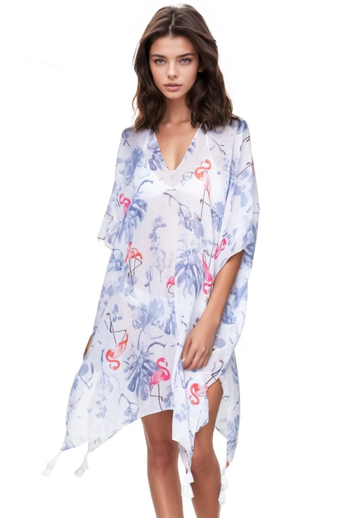 Palm Springs White Print V-Neck Sheer Coverup Kaftan Dress