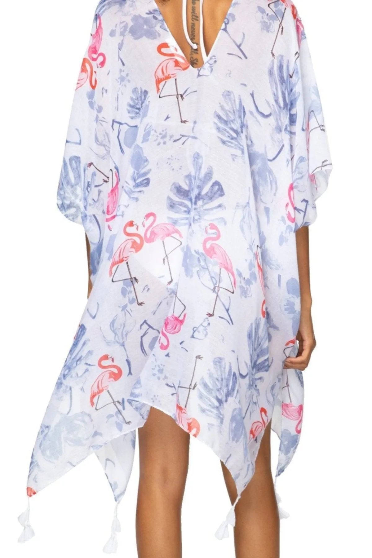 Palm Springs White Print V-Neck Sheer Coverup Kaftan Dress