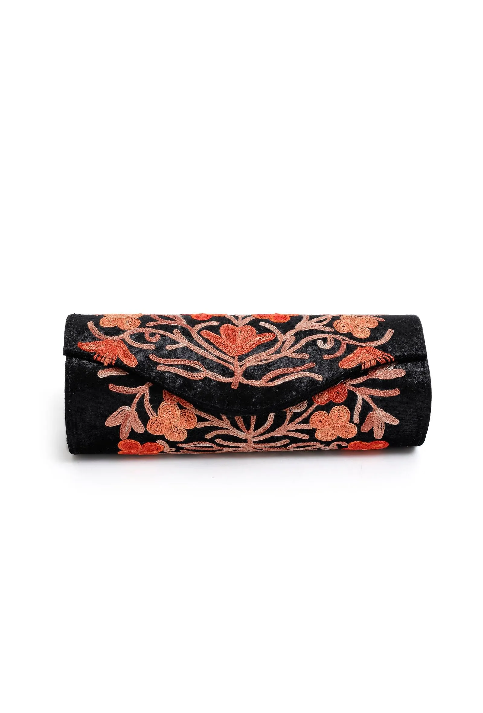 Peach Black Tilla Embroidery Velvet Clutch