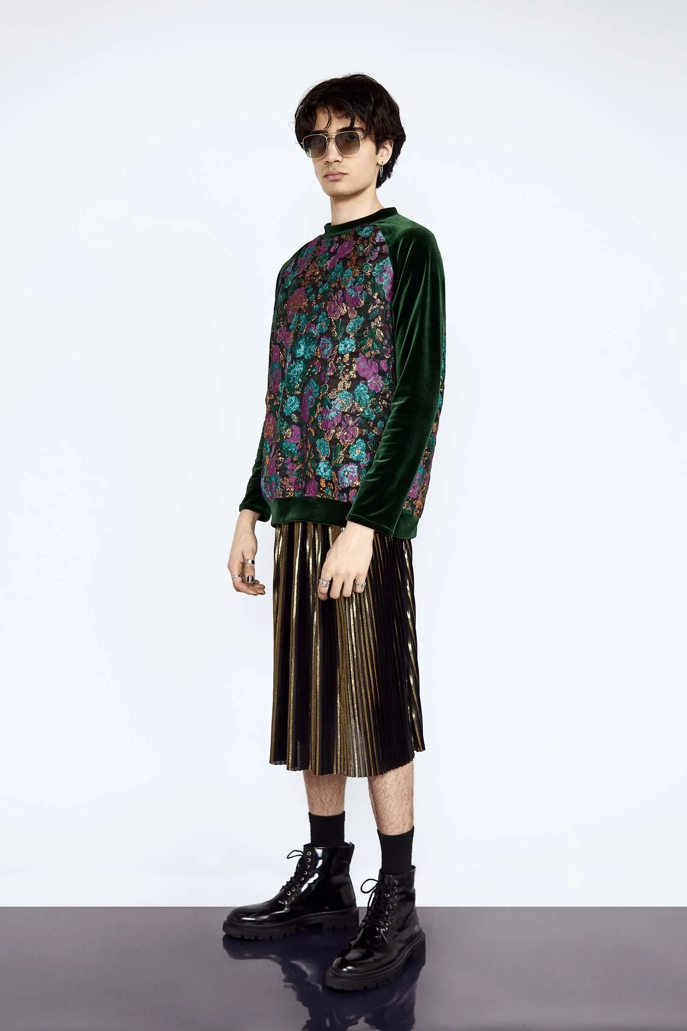 Velvet  Jacquard Reglan Top with Gold Razor Pleat Kilt