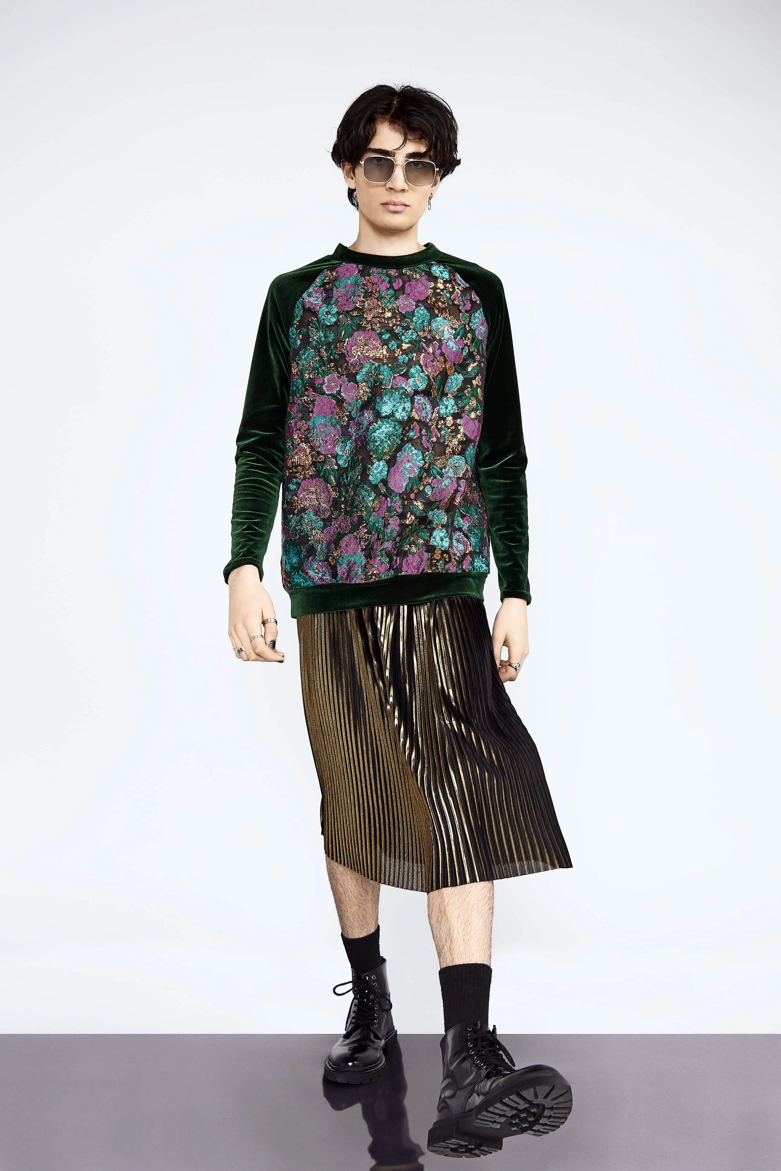 Velvet  Jacquard Reglan Top with Gold Razor Pleat Kilt