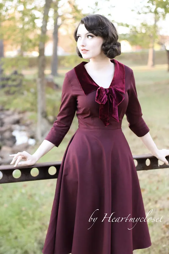 velvet trim burgundy dress - vintage inspired 50s