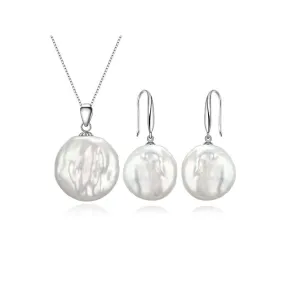 Women’s Pearl Pendant Necklace and Earring Set Unique Elegant Coin Shaped